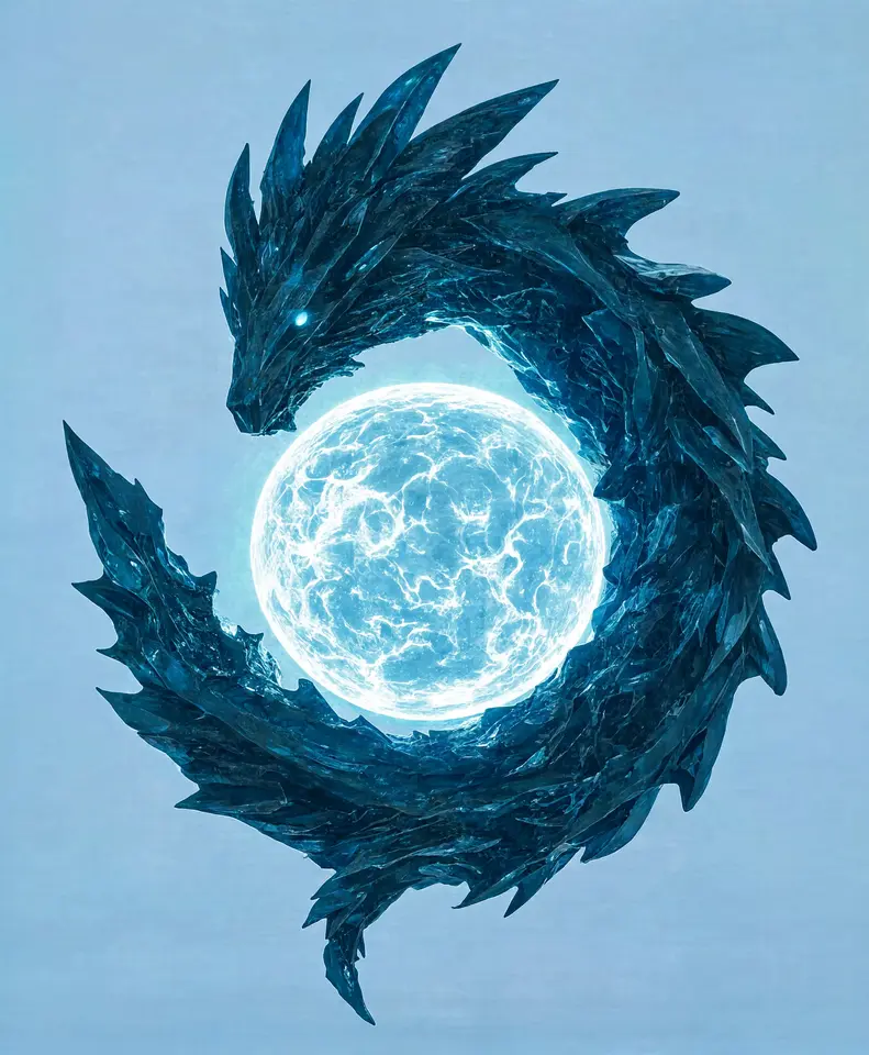 Crystalline ice wyrm coiled around a glowing glacial sphere